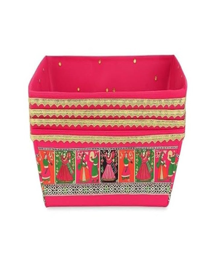 Scissors Craft Traditional Decorative Gift Basket with Golden Net | Ethnic Red-Green Print | Multipurpose Basket for Rakhi, Weddings & Festive Gifting (Royal fock Ethinic, 10) - Image 4